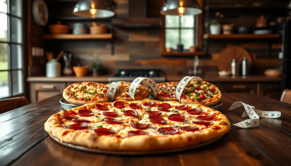 A beautifully arranged pizza area, showcasing a variety of Domino's pizzas in different sizes placed artfully on a wooden table. In the foreground, a large pizza with vibrant toppings of pepperoni, bell peppers, and melted cheese taking center stage. In the middle, smaller pizzas, each with unique toppings, display different sizes, illustrating the concept of pizza value. A measuring tape curving around them to subtly hint at measurement and comparison. The background features a rustic kitchen, softly lit with warm pendant lights to create a cozy atmosphere. The overall mood is inviting and informative, perfect for exploring the mathematical aspects of pizza sizes and their associated value. The angle is a slightly elevated view, focusing on the pizzas while capturing the ambiance of the kitchen space.