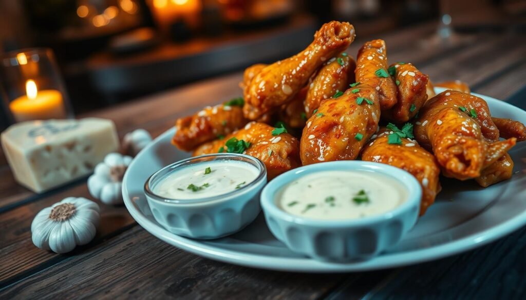 A beautifully arranged plate of crispy golden chicken wings glistening with a rich garlic parmesan sauce, sprinkled with freshly chopped parsley. In the foreground, a small bowl filled with a creamy garlic parmesan dipping sauce sits invitingly, alongside a handful of garlic cloves and a wedge of parmesan cheese. The middle ground features a rustic wooden table, creating a warm and inviting atmosphere. In the background, a softly blurred setting of a cozy dining room, illuminated by warm lighting, enhances the intimate feel of the scene. The angle captures the plate from a slight overhead view, emphasizing the texture and details of the wings and sauce. The mood is appetizing and inviting, perfect for showcasing pairing suggestions. A beautifully arranged plate of crispy golden chicken wings glistening with a rich garlic parmesan sauce, sprinkled with freshly chopped parsley. In the foreground, a small bowl filled with a creamy garlic parmesan dipping sauce sits invitingly, alongside a handful of garlic cloves and a wedge of parmesan cheese. The middle ground features a rustic wooden table, creating a warm and inviting atmosphere. In the background, a softly blurred setting of a cozy dining room, illuminated by warm lighting, enhances the intimate feel of the scene. The angle captures the plate from a slight overhead view, emphasizing the texture and details of the wings and sauce. The mood is appetizing and inviting, perfect for showcasing pairing suggestions.