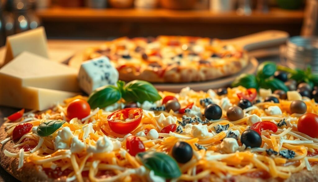 A beautifully arranged spread showcasing a variety of cheese blends and toppings for pizza. In the foreground, rich, melted mozzarella, sharp cheddar, and tangy blue cheese blend together in an appetizing swirl. Scattered across this vibrant cheese base are colorful toppings, such as fresh basil leaves, red peppers, mushrooms, and olives, artistically placed to highlight their textures. In the middle ground, a wooden pizza peel holds a freshly baked pizza, its crust golden and crispy. The background features a rustic kitchen setting, with warm ambient lighting illuminating the scene, creating a cozy and inviting atmosphere. The angle is slightly elevated, providing a clear view of the delicious details while maintaining depth. The overall mood is warm, inviting, and delicious, perfect for showcasing the variety of cheese blends and toppings. A beautifully arranged spread showcasing a variety of cheese blends and toppings for pizza. In the foreground, rich, melted mozzarella, sharp cheddar, and tangy blue cheese blend together in an appetizing swirl. Scattered across this vibrant cheese base are colorful toppings, such as fresh basil leaves, red peppers, mushrooms, and olives, artistically placed to highlight their textures. In the middle ground, a wooden pizza peel holds a freshly baked pizza, its crust golden and crispy. The background features a rustic kitchen setting, with warm ambient lighting illuminating the scene, creating a cozy and inviting atmosphere. The angle is slightly elevated, providing a clear view of the delicious details while maintaining depth. The overall mood is warm, inviting, and delicious, perfect for showcasing the variety of cheese blends and toppings.