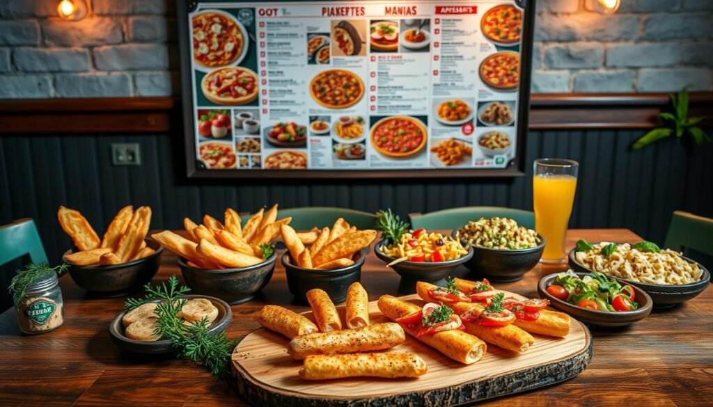 A beautifully arranged table featuring a diverse menu, showcasing various food items beyond pizza. In the foreground, a rustic wooden table displays an enticing assortment of appetizers: garlic bread, cheese sticks, and salads, artfully styled. In the middle background, a large, open menu board highlights a variety of options such as pasta dishes, desserts, and beverages, with vibrant photos of the items. Soft lighting enhances the inviting atmosphere, casting a warm glow that emphasizes the rich colors of the food. The setting is cozy, with subtle decorative elements like fresh herbs and colorful tableware. The scene captures the essence of culinary diversity in a casual dining environment, focusing on the allure of countless options available at a pizza chain. A beautifully arranged table featuring a diverse menu, showcasing various food items beyond pizza. In the foreground, a rustic wooden table displays an enticing assortment of appetizers: garlic bread, cheese sticks, and salads, artfully styled. In the middle background, a large, open menu board highlights a variety of options such as pasta dishes, desserts, and beverages, with vibrant photos of the items. Soft lighting enhances the inviting atmosphere, casting a warm glow that emphasizes the rich colors of the food. The setting is cozy, with subtle decorative elements like fresh herbs and colorful tableware. The scene captures the essence of culinary diversity in a casual dining environment, focusing on the allure of countless options available at a pizza chain.