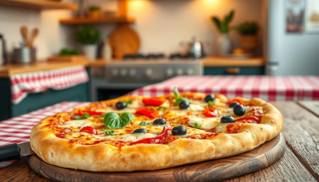 A beautifully arranged takeaway pizza bread on a rustic wooden table, showcasing a golden-brown crust, melted cheese bubbling on top, and an assortment of vibrant toppings like bright red peppers, green basil, and black olives. In the foreground, a pizza cutter rests beside the bread, hinting at the deliciousness within. The middle ground features a cozy red-and-white checkered tablecloth, enhancing the inviting atmosphere. In the background, a warm kitchen setting with soft, diffused lighting casts a homely glow, emphasizing the comfort of carryout dining. The image should evoke a feeling of warmth and satisfaction, capturing the essence of enjoying fresh, affordable takeout specials in a friendly environment.