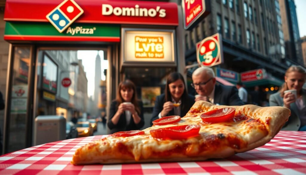 A bustling New York City street scene, featuring a vibrant Domino's Pizza storefront adorned with a classic red and green awning. In the foreground, a large, enticing slice of New York-style pizza with a perfectly thin, foldable crust, topped with melted cheese and fresh pepperoni, rests on a checkered red-and-white tablecloth. The middle ground showcases people in professional business attire casually enjoying their slices, with a backdrop of iconic NYC landmarks like the Empire State Building peeking through. The lighting is warm and inviting, reminiscent of late afternoon sun, with a slight lens flare enhancing the bustling atmosphere. This composition captures the essence of New York style pizza culture amidst the cityscape, invoking a lively and delicious mood. A bustling New York City street scene, featuring a vibrant Domino's Pizza storefront adorned with a classic red and green awning. In the foreground, a large, enticing slice of New York-style pizza with a perfectly thin, foldable crust, topped with melted cheese and fresh pepperoni, rests on a checkered red-and-white tablecloth. The middle ground showcases people in professional business attire casually enjoying their slices, with a backdrop of iconic NYC landmarks like the Empire State Building peeking through. The lighting is warm and inviting, reminiscent of late afternoon sun, with a slight lens flare enhancing the bustling atmosphere. This composition captures the essence of New York style pizza culture amidst the cityscape, invoking a lively and delicious mood.
