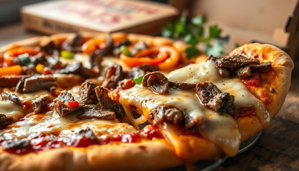 A close-up image of a tantalizing Philly cheesesteak pizza, featuring a golden-brown crust topped with juicy, thinly sliced steak, melted provolone cheese oozing over the edges, and colorful bell peppers. In the foreground, the pizza slice is slightly pulled away, showcasing its gooey cheese stretch. The middle ground includes a rustic wooden table, enhancing the homely atmosphere, while soft, diffused lighting casts warm tones to highlight the delicious toppings. In the background, a blurred out pizza box and a few sprigs of fresh parsley add a touch of greenery. The overall mood is inviting and appetizing, aimed at emphasizing the rich flavor profile and fresh ingredients. A close-up image of a tantalizing Philly cheesesteak pizza, featuring a golden-brown crust topped with juicy, thinly sliced steak, melted provolone cheese oozing over the edges, and colorful bell peppers. In the foreground, the pizza slice is slightly pulled away, showcasing its gooey cheese stretch. The middle ground includes a rustic wooden table, enhancing the homely atmosphere, while soft, diffused lighting casts warm tones to highlight the delicious toppings. In the background, a blurred out pizza box and a few sprigs of fresh parsley add a touch of greenery. The overall mood is inviting and appetizing, aimed at emphasizing the rich flavor profile and fresh ingredients.
