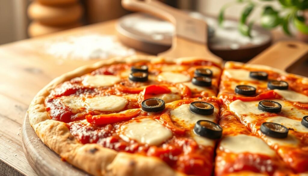 A close-up image of a thin crust pizza, freshly baked with a golden-brown crust. The pizza features a rich tomato sauce base, generously topped with melted mozzarella cheese, vibrant bell peppers, and sliced olives, arranged artfully. In the foreground, the pizza is elegantly cut into slices, showcasing its crispy texture. The middle ground captures a wooden pizza peel positioned beside the pizza, dusted with flour, indicating a home kitchen setting. Soft, warm lighting highlights the gooey cheese and adds an inviting glow to the crust. The background is blurred, revealing hints of a rustic kitchen with a pizza stone and a hint of greenery, emphasizing a cozy atmosphere. The overall mood is warm and inviting, ideal for culinary enthusiasts. A close-up image of a thin crust pizza, freshly baked with a golden-brown crust. The pizza features a rich tomato sauce base, generously topped with melted mozzarella cheese, vibrant bell peppers, and sliced olives, arranged artfully. In the foreground, the pizza is elegantly cut into slices, showcasing its crispy texture. The middle ground captures a wooden pizza peel positioned beside the pizza, dusted with flour, indicating a home kitchen setting. Soft, warm lighting highlights the gooey cheese and adds an inviting glow to the crust. The background is blurred, revealing hints of a rustic kitchen with a pizza stone and a hint of greenery, emphasizing a cozy atmosphere. The overall mood is warm and inviting, ideal for culinary enthusiasts.