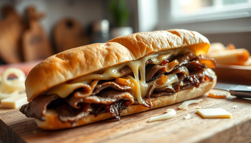 A close-up shot of a delicious Philly cheesesteak sandwich, showcasing its layers of thinly sliced steak, melted cheese, and sautéed onions, all nestled in a soft, golden hoagie roll. The foreground highlights the sandwich, with gooey cheese stretching tantalizingly as the sandwich is gently pulled apart. In the middle, a rustic wooden cutting board provides context, with a few scattered ingredients like additional onions and cheese slices. The background is softly blurred, featuring a warm, inviting kitchen setting, with gentle, natural light illuminating the scene to enhance the rich colors of the food. The overall mood is cozy and appetizing, emphasizing the texture of the crust and the indulgence of the cheesesteak. A close-up shot of a delicious Philly cheesesteak sandwich, showcasing its layers of thinly sliced steak, melted cheese, and sautéed onions, all nestled in a soft, golden hoagie roll. The foreground highlights the sandwich, with gooey cheese stretching tantalizingly as the sandwich is gently pulled apart. In the middle, a rustic wooden cutting board provides context, with a few scattered ingredients like additional onions and cheese slices. The background is softly blurred, featuring a warm, inviting kitchen setting, with gentle, natural light illuminating the scene to enhance the rich colors of the food. The overall mood is cozy and appetizing, emphasizing the texture of the crust and the indulgence of the cheesesteak.