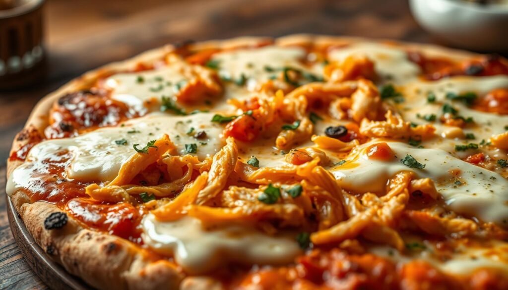 A close-up shot of a freshly prepared pizza topped with molten real mozzarella cheese, perfectly melted and oozing over the edges. The mozzarella should be shown in a rich, creamy texture, glistening under warm, inviting lighting. In the foreground, a generous layer of shredded buffalo chicken can be seen, garnished with a sprinkle of fresh herbs, adding vibrant color. The middle ground features a crispy, golden crust with charred spots, showcasing its artisanal quality. In the background, a rustic wooden table enhances the pizza's homestyle appeal. The overall mood is warm and inviting, evoking a sense of indulgence and quality, ideal for emphasizing premium ingredients in specialty pizzas. The image should be captured from a slightly elevated angle to highlight the pizza's delicious toppings without any text or logos. A close-up shot of a freshly prepared pizza topped with molten real mozzarella cheese, perfectly melted and oozing over the edges. The mozzarella should be shown in a rich, creamy texture, glistening under warm, inviting lighting. In the foreground, a generous layer of shredded buffalo chicken can be seen, garnished with a sprinkle of fresh herbs, adding vibrant color. The middle ground features a crispy, golden crust with charred spots, showcasing its artisanal quality. In the background, a rustic wooden table enhances the pizza's homestyle appeal. The overall mood is warm and inviting, evoking a sense of indulgence and quality, ideal for emphasizing premium ingredients in specialty pizzas. The image should be captured from a slightly elevated angle to highlight the pizza's delicious toppings without any text or logos.