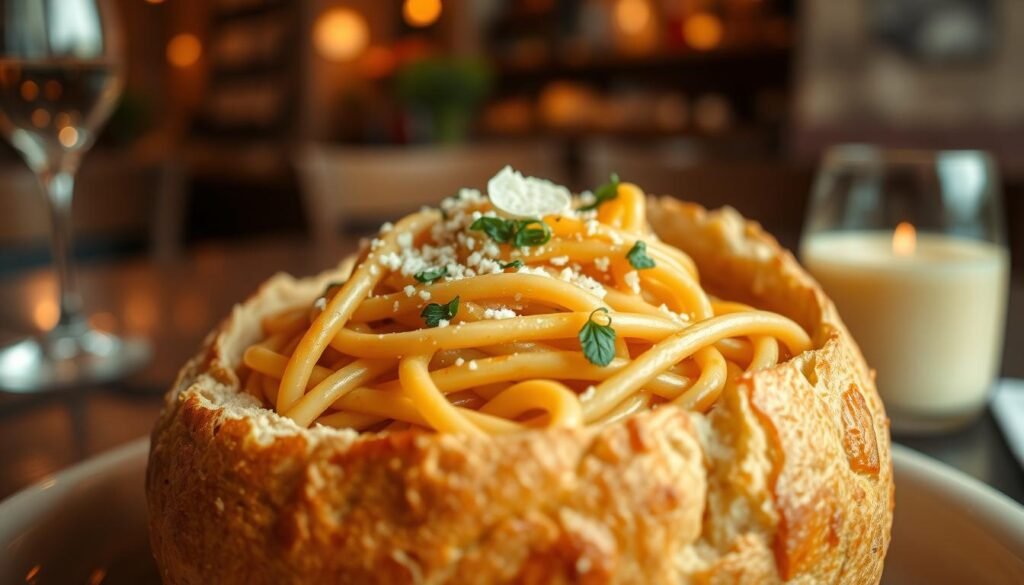 A close-up view of a delicious bread bowl filled with pasta, showcasing the rich, creamy sauce coating the noodles. The bread bowl should be artisan, with a rustic texture and a warm, golden-brown color. The pasta is intricately twirled within the bowl, topped with a sprinkle of fresh herbs and grated cheese for added visual appeal. The scene is set against a softly blurred background of a cozy dining area, with warm lighting that highlights the food's colors and textures. The atmosphere should convey a sense of comfort and indulgence, inviting the viewer to savor the moment. The angle should be slightly above the bowl, allowing for a clear view of the pasta while maintaining focus on the bread bowl itself. A close-up view of a delicious bread bowl filled with pasta, showcasing the rich, creamy sauce coating the noodles. The bread bowl should be artisan, with a rustic texture and a warm, golden-brown color. The pasta is intricately twirled within the bowl, topped with a sprinkle of fresh herbs and grated cheese for added visual appeal. The scene is set against a softly blurred background of a cozy dining area, with warm lighting that highlights the food's colors and textures. The atmosphere should convey a sense of comfort and indulgence, inviting the viewer to savor the moment. The angle should be slightly above the bowl, allowing for a clear view of the pasta while maintaining focus on the bread bowl itself.