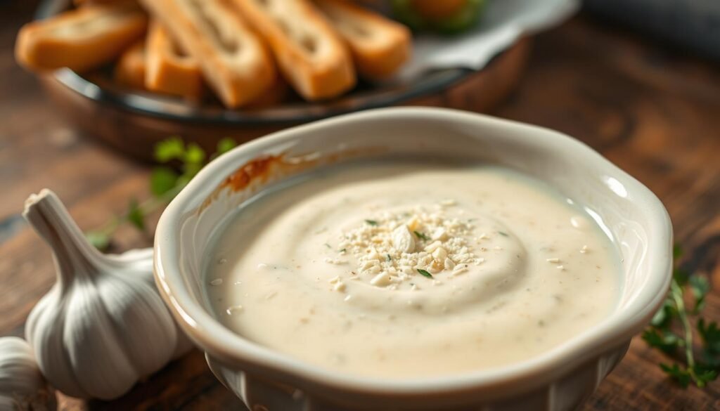 A close-up view of a delicious garlic parmesan sauce in a small, elegant ceramic bowl, with a smooth, creamy texture glistening under soft natural lighting. Include finely minced garlic cloves and a sprinkle of grated parmesan cheese visible on top. The bowl should be placed on a rustic wooden table, with fresh garlic bulbs and some sprigs of parsley in the foreground, adding color and freshness. In the background, softly blurred, you can see a plate of crispy breadsticks poised to be dipped into the sauce, enhancing the culinary atmosphere. The overall mood should be inviting and warm, evoking a sense of comfort and flavor, ideal for enhancing taste in a culinary context. A close-up view of a delicious garlic parmesan sauce in a small, elegant ceramic bowl, with a smooth, creamy texture glistening under soft natural lighting. Include finely minced garlic cloves and a sprinkle of grated parmesan cheese visible on top. The bowl should be placed on a rustic wooden table, with fresh garlic bulbs and some sprigs of parsley in the foreground, adding color and freshness. In the background, softly blurred, you can see a plate of crispy breadsticks poised to be dipped into the sauce, enhancing the culinary atmosphere. The overall mood should be inviting and warm, evoking a sense of comfort and flavor, ideal for enhancing taste in a culinary context.