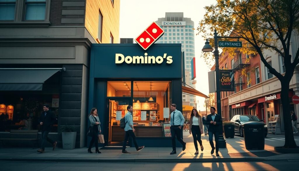 A cozy, inviting Domino's pizza storefront on a bustling street corner during golden hour. In the foreground, a well-maintained sidewalk with a few people in business casual attire happily walking by, glancing at the menu displayed in the window. The middle ground features the bright, recognizable Domino's logo above the door, with the smell of freshly baked pizza wafting through the air. The background consists of charming urban buildings, with soft sunlight casting long shadows, and trees gently swaying in the breeze. Capture the scene with a warm, welcoming atmosphere, using a low angle to emphasize the storefront and create a sense of hustle and excitement. The lighting should be warm and inviting, evoking a feeling of community and ease.