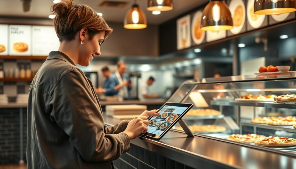 A cozy, inviting restaurant countertop set in a brightly lit pizza shop, featuring a sleek takeout station. In the foreground, a person in modest casual clothing is focused on a digital tablet, placing an order with a smile. Their attention is directed at the menu displayed on the screen, filled with mouth-watering images of pizzas and sides. In the middle ground, a glass display case showcases an array of freshly baked pizzas and colorful toppings. The background reveals the bustling kitchen with chefs preparing orders, illuminated by warm overhead lighting that creates a cheerful atmosphere. The scene is captured from a slightly elevated angle to convey depth, emphasizing the convenience and modernity of placing a pizza order effortlessly.