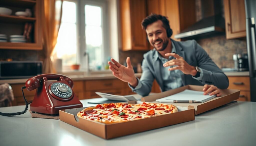 A cozy kitchen setting where a person is placing a phone order for pizza, prominently featuring a vintage rotary phone in the foreground. The individual, dressed in smart casual attire, gestures animatedly as they speak, with a notepad and pen nearby to jot down the order. In the middle ground, a pizza box is open on the table, showcasing a deliciously cheesy pizza with vibrant toppings. The background features warm lighting with soft shadows, accented by a window revealing a sunny day outside. The atmosphere is inviting and relatable, capturing the essence of a casual yet focused moment of ordering pizza over the phone. The scene is well-composed, emphasizing the details without distractions or text elements. A cozy kitchen setting where a person is placing a phone order for pizza, prominently featuring a vintage rotary phone in the foreground. The individual, dressed in smart casual attire, gestures animatedly as they speak, with a notepad and pen nearby to jot down the order. In the middle ground, a pizza box is open on the table, showcasing a deliciously cheesy pizza with vibrant toppings. The background features warm lighting with soft shadows, accented by a window revealing a sunny day outside. The atmosphere is inviting and relatable, capturing the essence of a casual yet focused moment of ordering pizza over the phone. The scene is well-composed, emphasizing the details without distractions or text elements.