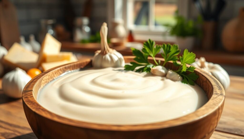 A creamy, thick white sauce base fills a rustic wooden bowl at the forefront of the image, with a smooth texture catching the light. In the middle ground, fresh garlic cloves and parsley garnish the bowl, adding a burst of color and freshness. Behind, a softly blurred kitchen scene showcases an array of cooking ingredients like butter, cheese, and spices, hinting at the preparation process. Natural light streams through a nearby window, creating warm, inviting shadows that enhance the cozy atmosphere. The image is shot from a slightly elevated angle to capture the full depth of the bowl, emphasizing the velvety consistency of the sauce while maintaining a clean and professional look, devoid of any distractions or text. A creamy, thick white sauce base fills a rustic wooden bowl at the forefront of the image, with a smooth texture catching the light. In the middle ground, fresh garlic cloves and parsley garnish the bowl, adding a burst of color and freshness. Behind, a softly blurred kitchen scene showcases an array of cooking ingredients like butter, cheese, and spices, hinting at the preparation process. Natural light streams through a nearby window, creating warm, inviting shadows that enhance the cozy atmosphere. The image is shot from a slightly elevated angle to capture the full depth of the bowl, emphasizing the velvety consistency of the sauce while maintaining a clean and professional look, devoid of any distractions or text.