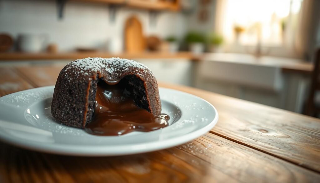 A delicious chocolate lava crunch dessert sits elegantly on a white porcelain plate in the foreground, with a molten chocolate center spilling out, surrounded by a delicate sprinkle of powdered sugar. The lush texture of the dessert is highlighted by warm, inviting lighting that accentuates the dark chocolate tones, creating a rich and decadent look. In the middle ground, a softly blurred, rustic wooden table conveys a warm and homey atmosphere. In the background, a subtle kitchen setting features soft, diffused light filtering through a window, hinting at a cozy baking environment. The overall mood is inviting and indulgent, perfect for showcasing the delightful experience of savoring a Dominos Lava Cake. A delicious chocolate lava crunch dessert sits elegantly on a white porcelain plate in the foreground, with a molten chocolate center spilling out, surrounded by a delicate sprinkle of powdered sugar. The lush texture of the dessert is highlighted by warm, inviting lighting that accentuates the dark chocolate tones, creating a rich and decadent look. In the middle ground, a softly blurred, rustic wooden table conveys a warm and homey atmosphere. In the background, a subtle kitchen setting features soft, diffused light filtering through a window, hinting at a cozy baking environment. The overall mood is inviting and indulgent, perfect for showcasing the delightful experience of savoring a Dominos Lava Cake.
