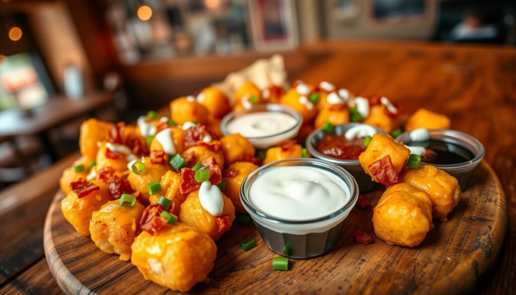 A delicious serving of loaded cheese tots is presented in the foreground, atop a rustic wooden table. The cheesy, golden-brown tater tots are generously topped with melted cheese, crispy bacon bits, and drizzled with ranch dressing. Scattered green onions add a vibrant pop of color, enhancing the visual appeal. In the middle ground, a scattering of additional dipping sauces sits in small bowls, inviting viewers to indulge. The background features a blurred image of a casual dining environment, with warm, soft lighting casting a cozy glow over the scene. The atmosphere is inviting and appetizing, perfect for food lovers. The angle is slightly overhead to highlight the textures and details, with a focus on the creamy cheese texture glistening under the light.