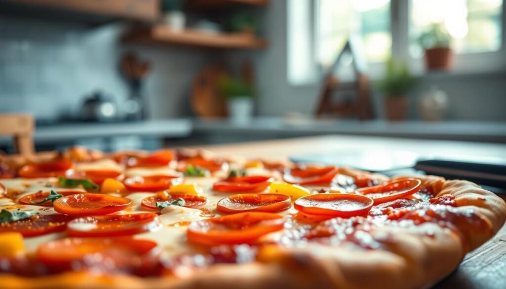 A detailed, mouth-watering close-up of a homemade Domino's thin crust pizza, showcasing a perfectly baked, golden-brown crust crisped to perfection. The pizza is topped with vibrant, fresh ingredients—rich tomato sauce, gooey melted mozzarella cheese, slices of pepperoni, and colorful bell peppers. In the foreground, the pizza sits on a rustic wooden table, with a pizza cutter and a sprinkle of herbs artistically placed beside it. The middle ground features a soft-focus kitchen setting with warm ambient lighting streaming through the window, highlighting the inviting atmosphere of a home kitchen. The background is subtly blurred, suggesting a cozy home environment. The mood is cheerful and appetizing, inviting viewers to indulge in a slice of homemade comfort food. A detailed, mouth-watering close-up of a homemade Domino's thin crust pizza, showcasing a perfectly baked, golden-brown crust crisped to perfection. The pizza is topped with vibrant, fresh ingredients—rich tomato sauce, gooey melted mozzarella cheese, slices of pepperoni, and colorful bell peppers. In the foreground, the pizza sits on a rustic wooden table, with a pizza cutter and a sprinkle of herbs artistically placed beside it. The middle ground features a soft-focus kitchen setting with warm ambient lighting streaming through the window, highlighting the inviting atmosphere of a home kitchen. The background is subtly blurred, suggesting a cozy home environment. The mood is cheerful and appetizing, inviting viewers to indulge in a slice of homemade comfort food.