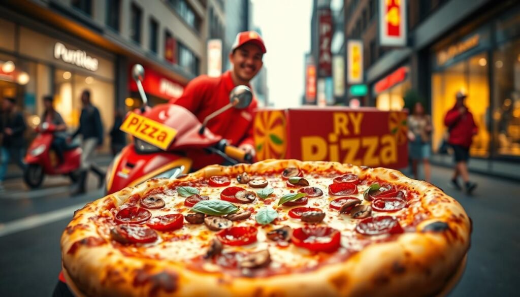 A dynamic and vibrant image of a pizza delivery scene set in a bustling urban environment. In the foreground, a large, delicious pizza with a golden crust and overflowing toppings including pepperoni, mushrooms, and fresh basil, positioned prominently, slightly angled to showcase its textures. In the middle ground, a cheerful delivery person in a red uniform, smiling and holding the pizza box, stands beside a scooter covered in colorful pizza branding. The background features a lively cityscape with blurred pedestrians and bright storefronts, creating an energetic atmosphere. The lighting is warm and inviting, conveying a sense of urgency and excitement, shot from a slightly low angle to emphasize the action. The overall mood is lively and positive, capturing the essence of a promotional pizza delivery experience.