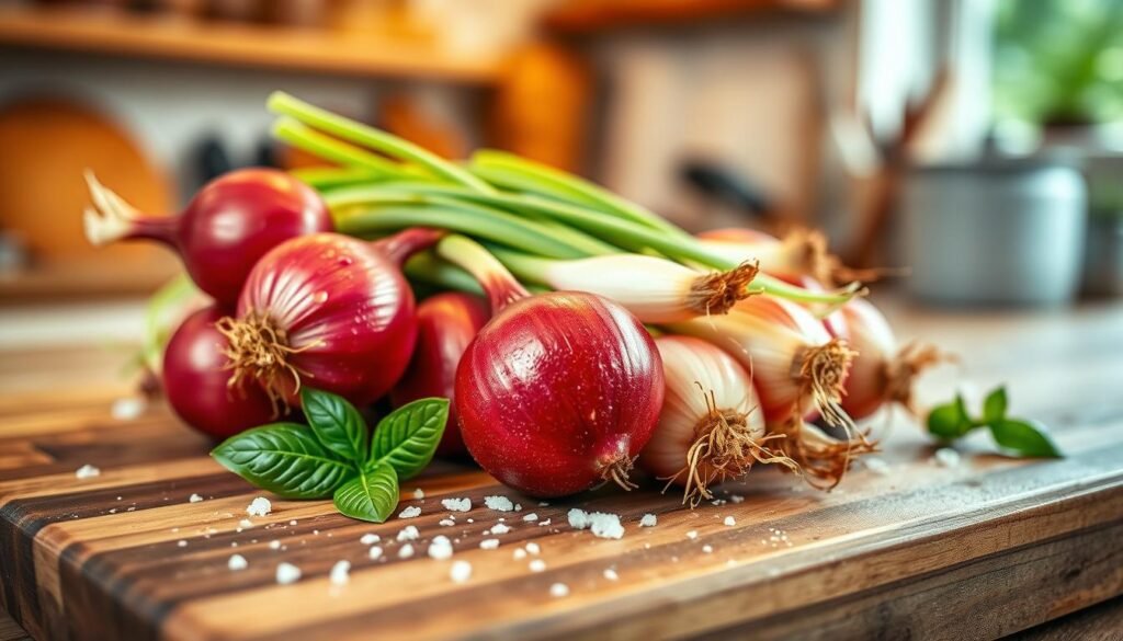 A fresh bunch of vibrant red and white onions is arranged artistically on a rustic wooden cutting board. The onions glisten with dew, showcasing their smooth, firm skins and delicate layers. In the background, a soft-focus kitchen setting is visible, featuring warm, natural lighting that enhances the inviting atmosphere. A few scattered basil leaves and a sprinkle of coarse sea salt provide added texture, emphasizing the freshness of the ingredients. The image captures a close-up perspective, highlighting the intricate details of the onions, with a shallow depth of field that softly blurs the background. This scene evokes a cozy, culinary ambiance, perfect for customizing your ideal pizza creation. A fresh bunch of vibrant red and white onions is arranged artistically on a rustic wooden cutting board. The onions glisten with dew, showcasing their smooth, firm skins and delicate layers. In the background, a soft-focus kitchen setting is visible, featuring warm, natural lighting that enhances the inviting atmosphere. A few scattered basil leaves and a sprinkle of coarse sea salt provide added texture, emphasizing the freshness of the ingredients. The image captures a close-up perspective, highlighting the intricate details of the onions, with a shallow depth of field that softly blurs the background. This scene evokes a cozy, culinary ambiance, perfect for customizing your ideal pizza creation.