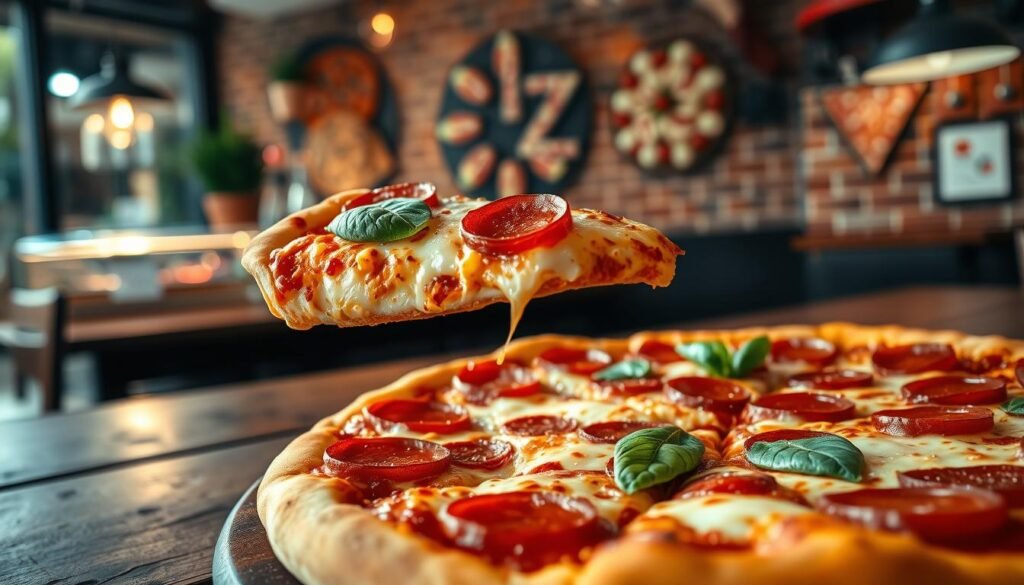 A fresh, golden-brown pan pizza sitting on a rustic wooden table, topped generously with glistening mozzarella cheese, vibrant red tomato sauce, pepperoni slices, and fresh basil leaves for garnish. In the foreground, a slice is being lifted from the pizza, revealing its fluffy, airy crust and delicious toppings. The middle ground features a blurred view of a cozy, warmly lit pizzeria setting with soft shadows and glowing ambient lights, creating a welcoming atmosphere. In the background, a brick wall adorned with pizza-themed decor adds charm and warmth to the scene. The image is shot from a slightly elevated angle, emphasizing the pizza's depth and texture, with soft focus edges to draw attention to the delicious focal point, evoking a sense of indulgence and comfort.