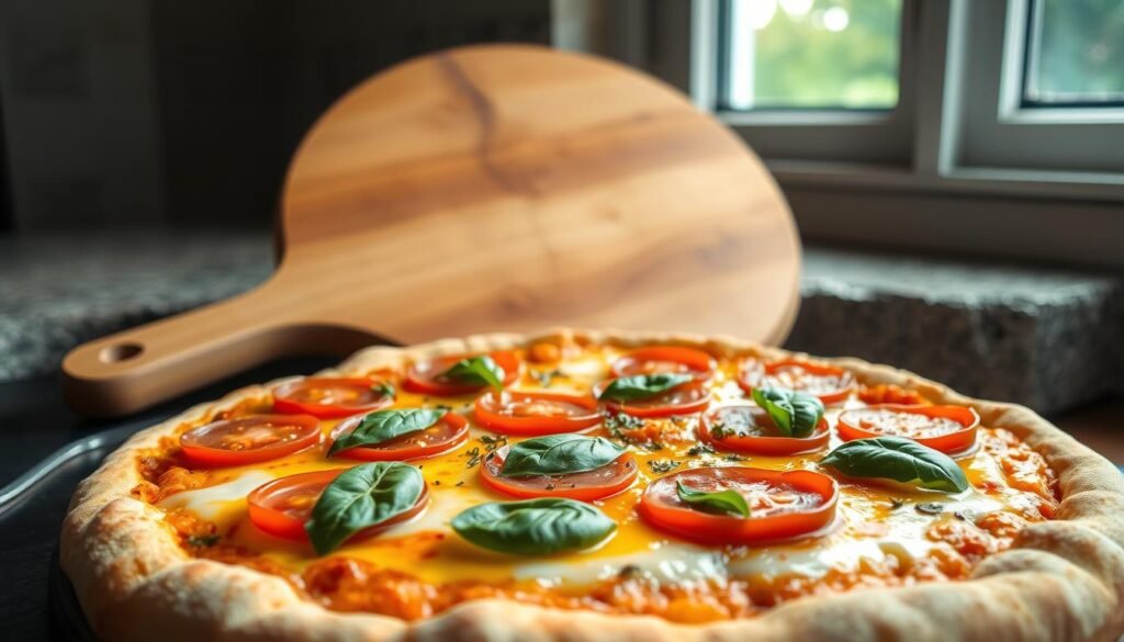 A freshly baked handmade pan pizza sits prominently in the foreground, showcasing its golden, crispy crust with a slightly puffed edge. The surface is topped generously with vibrant yellow mozzarella cheese, luscious slices of ripe tomatoes, rich pepperoni, and a sprinkle of fresh basil leaves, creating a harmonious blend of colors. In the middle background, a rustic wooden pizza peel leans against a textured stone counter, hinting at a home kitchen atmosphere. Soft, warm, natural lighting filters through a nearby window, casting gentle shadows that enhance the pizza's appeal. The scene is intimate and inviting, evoking a sense of comfort and culinary craftsmanship, perfect for illustrating the quality of fresh dough and toppings.