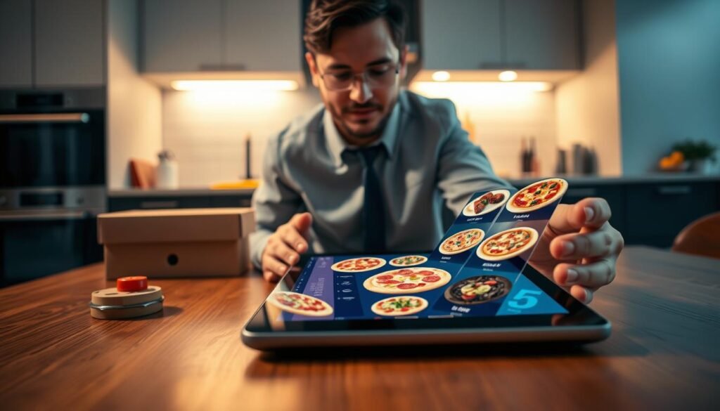 A futuristic digital ordering interface for pizza, featuring a sleek tablet on a wooden table, showcasing an interactive menu filled with visually appealing pizzas and toppings. The foreground highlights a professional individual in business attire, engaging with the tablet, their face illuminated by the screen’s soft glow. In the middle, a pizza delivery box and a small stack of extra toppings create a casual yet modern atmosphere. The background includes a stylish kitchen with contemporary appliances, bathed in warm, inviting lighting. The overall mood is one of convenience, showcasing technological advancement in food ordering while maintaining a sense of comfort and efficiency. The perspective captures the action from a slight overhead angle, emphasizing the interactive experience. A futuristic digital ordering interface for pizza, featuring a sleek tablet on a wooden table, showcasing an interactive menu filled with visually appealing pizzas and toppings. The foreground highlights a professional individual in business attire, engaging with the tablet, their face illuminated by the screen’s soft glow. In the middle, a pizza delivery box and a small stack of extra toppings create a casual yet modern atmosphere. The background includes a stylish kitchen with contemporary appliances, bathed in warm, inviting lighting. The overall mood is one of convenience, showcasing technological advancement in food ordering while maintaining a sense of comfort and efficiency. The perspective captures the action from a slight overhead angle, emphasizing the interactive experience.