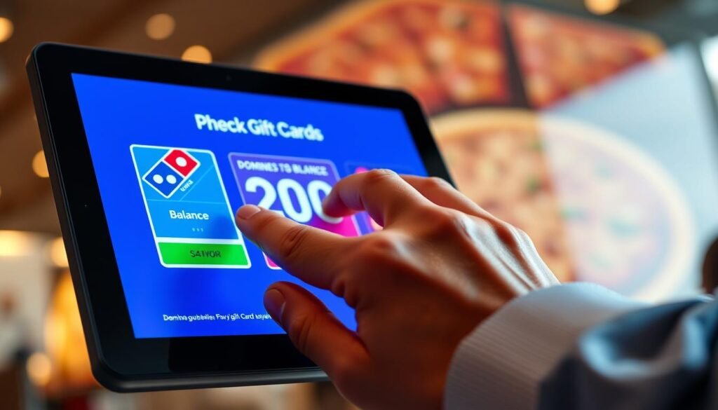 A highly detailed close-up of a digital screen displaying a Domino's gift card balance. The screen shows a vibrant, user-friendly interface with a prominent balance number, surrounded by colorful Domino's branding elements. In the foreground, a pair of hands, dressed in business casual attire, are gently interacting with the touchscreen, conveying an engaged, focused demeanor. The middle layer features a softly blurred pizza menu in the background, evoking a sense of the Domino's experience. Soft, warm lighting illuminates the scene to create a welcoming, inviting atmosphere. The angle is slightly tilted to give a dynamic perspective, enhancing the visual interest while ensuring clarity on the screen detail. The overall mood is informative and professional, suitable for illustrating a guide on checking gift card balances. A highly detailed close-up of a digital screen displaying a Domino's gift card balance. The screen shows a vibrant, user-friendly interface with a prominent balance number, surrounded by colorful Domino's branding elements. In the foreground, a pair of hands, dressed in business casual attire, are gently interacting with the touchscreen, conveying an engaged, focused demeanor. The middle layer features a softly blurred pizza menu in the background, evoking a sense of the Domino's experience. Soft, warm lighting illuminates the scene to create a welcoming, inviting atmosphere. The angle is slightly tilted to give a dynamic perspective, enhancing the visual interest while ensuring clarity on the screen detail. The overall mood is informative and professional, suitable for illustrating a guide on checking gift card balances.