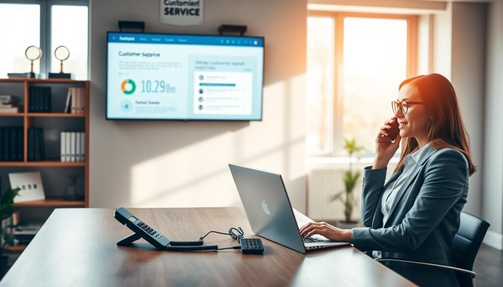A modern office setting, with a sleek wooden desk in the foreground, featuring a stylish phone and a laptop open to a customer service email interface. A professional-looking woman in business attire is seated, engaged in a phone call, her expression focused and attentive. In the middle ground, a wall-mounted display showcases graphical representations of customer support metrics and a visually appealing email interface. Soft, natural light filters through large windows, casting a warm glow across the room, enhancing the approachable atmosphere. The background includes shelves adorned with books and customer service awards, symbolizing excellence and reliability. The overall mood is professional yet inviting, emphasizing the importance of effective communication in customer service. A modern office setting, with a sleek wooden desk in the foreground, featuring a stylish phone and a laptop open to a customer service email interface. A professional-looking woman in business attire is seated, engaged in a phone call, her expression focused and attentive. In the middle ground, a wall-mounted display showcases graphical representations of customer support metrics and a visually appealing email interface. Soft, natural light filters through large windows, casting a warm glow across the room, enhancing the approachable atmosphere. The background includes shelves adorned with books and customer service awards, symbolizing excellence and reliability. The overall mood is professional yet inviting, emphasizing the importance of effective communication in customer service.