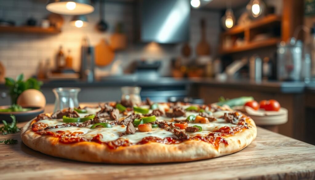 A mouth-watering cheese steak pizza sits prominently in the foreground, showcasing a golden-brown crust topped with melted mozzarella cheese, tender strips of steak, sautéed onions, and green peppers, all glistening with deliciousness. The middle ground features a rustic wooden table adorned with a few scattered ingredients like fresh herbs and pizza slices, emphasizing the artisanal quality of the dish. In the background, a softly blurred kitchen setting hints at a lively restaurant ambiance with warm overhead lighting casting a cozy glow. The overall mood is inviting and appetizing, ideal for showcasing the indulgence of specialty pizzas. The image should be captured from a slightly elevated angle to highlight the pizza's toppings and textures, creating a sense of warmth and celebration around this delectable dish. A mouth-watering cheese steak pizza sits prominently in the foreground, showcasing a golden-brown crust topped with melted mozzarella cheese, tender strips of steak, sautéed onions, and green peppers, all glistening with deliciousness. The middle ground features a rustic wooden table adorned with a few scattered ingredients like fresh herbs and pizza slices, emphasizing the artisanal quality of the dish. In the background, a softly blurred kitchen setting hints at a lively restaurant ambiance with warm overhead lighting casting a cozy glow. The overall mood is inviting and appetizing, ideal for showcasing the indulgence of specialty pizzas. The image should be captured from a slightly elevated angle to highlight the pizza's toppings and textures, creating a sense of warmth and celebration around this delectable dish.