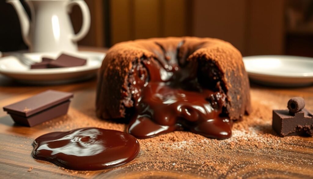 A rich, glossy chocolate ganache center, oozing from a freshly baked lava cake, sits in the foreground, capturing the light beautifully with its deep brown color and silky texture. The ganache is drizzled slightly, creating an inviting sheen. In the middle, a round, warm lava cake with a slightly cracked top reveals a generous, molten center, surrounded by a delicate dusting of cocoa powder. The background features a rustic wooden table setting, softly illuminated by warm, natural light filtering in from a nearby window, enhancing the inviting atmosphere. The composition is shot from a slightly elevated angle, highlighting the luscious details of the ganache and the inviting texture of the cake, evoking a sense of warmth and indulgence. A rich, glossy chocolate ganache center, oozing from a freshly baked lava cake, sits in the foreground, capturing the light beautifully with its deep brown color and silky texture. The ganache is drizzled slightly, creating an inviting sheen. In the middle, a round, warm lava cake with a slightly cracked top reveals a generous, molten center, surrounded by a delicate dusting of cocoa powder. The background features a rustic wooden table setting, softly illuminated by warm, natural light filtering in from a nearby window, enhancing the inviting atmosphere. The composition is shot from a slightly elevated angle, highlighting the luscious details of the ganache and the inviting texture of the cake, evoking a sense of warmth and indulgence.