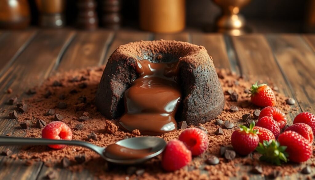 A rich, indulgent scene featuring a decadent molten chocolate lava cake at the center, oozing warm chocolate from its core. Surround the cake with scattered cocoa powder and chocolate shavings to emphasize its richness. In the foreground, place a small spoon drizzled with chocolate sauce, inviting the viewer to taste. The middle ground is filled with fresh berries, like raspberries and strawberries, adding a pop of color. The background should be softly blurred, showcasing a rustic wooden table and elegant, warm-toned lighting that creates a cozy atmosphere, reminiscent of a gourmet kitchen. Capture the scene at a slight top-down angle to highlight the textures and details of the dessert, evoking a mood of warmth and indulgence. A rich, indulgent scene featuring a decadent molten chocolate lava cake at the center, oozing warm chocolate from its core. Surround the cake with scattered cocoa powder and chocolate shavings to emphasize its richness. In the foreground, place a small spoon drizzled with chocolate sauce, inviting the viewer to taste. The middle ground is filled with fresh berries, like raspberries and strawberries, adding a pop of color. The background should be softly blurred, showcasing a rustic wooden table and elegant, warm-toned lighting that creates a cozy atmosphere, reminiscent of a gourmet kitchen. Capture the scene at a slight top-down angle to highlight the textures and details of the dessert, evoking a mood of warmth and indulgence.