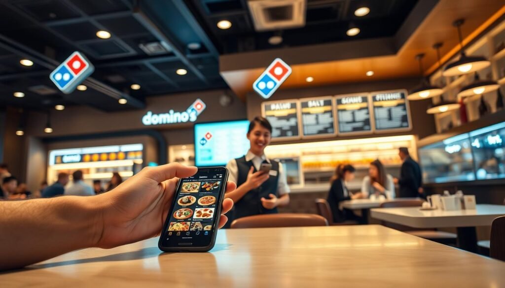 A sleek, modern restaurant interior showcasing the "Domino's Pizza" brand ambiance. In the foreground, a neatly arranged table with a smartphone displaying the Domino's app, featuring vibrant images of pizza options. A hand casually reaches for the phone, emphasizing the ease of the ordering process. The middle ground features a friendly staff member in a professional uniform, smiling as they assist a customer at the counter. Behind them, shelves stocked with ingredients and a large menu board glow softly under warm, inviting lighting. The background captures patrons enjoying their meals, creating a lively yet relaxed atmosphere filled with excitement and anticipation. Use a wide-angle lens to capture the bustling scene while ensuring the lighting highlights the warmth of the restaurant.
