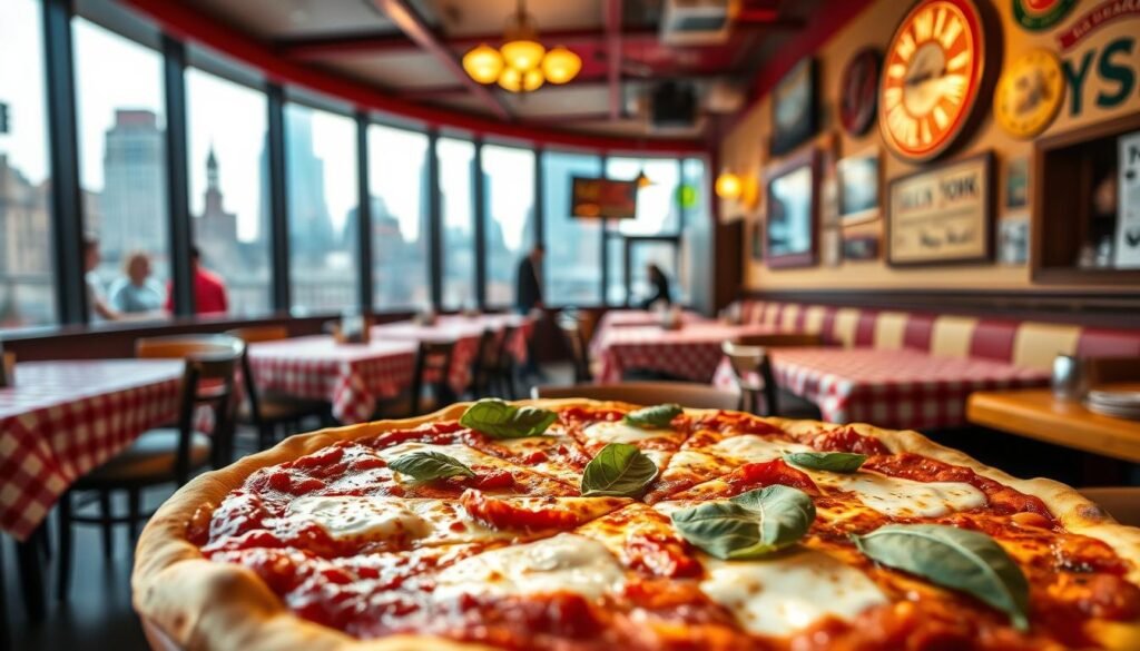 A vibrant New York-style pizza displayed prominently in the foreground, showcasing a perfectly golden, thin crust topped with a generous layer of melted mozzarella, rich tomato sauce, and fresh basil leaves, all slightly glistening under soft, warm lighting. In the middle ground, capture a rustic pizza parlor interior, featuring red and white checkered tablecloths and vintage New York memorabilia adorning the walls. The background reveals the bustling cityscape visible through large windows, with iconic skyscrapers and bustling pedestrians. Use a slightly low-angle shot to emphasize the pizza’s allure and the lively atmosphere, creating a sense of authenticity and warmth, reminiscent of a busy afternoon in a classic New York eatery. A vibrant New York-style pizza displayed prominently in the foreground, showcasing a perfectly golden, thin crust topped with a generous layer of melted mozzarella, rich tomato sauce, and fresh basil leaves, all slightly glistening under soft, warm lighting. In the middle ground, capture a rustic pizza parlor interior, featuring red and white checkered tablecloths and vintage New York memorabilia adorning the walls. The background reveals the bustling cityscape visible through large windows, with iconic skyscrapers and bustling pedestrians. Use a slightly low-angle shot to emphasize the pizza’s allure and the lively atmosphere, creating a sense of authenticity and warmth, reminiscent of a busy afternoon in a classic New York eatery.