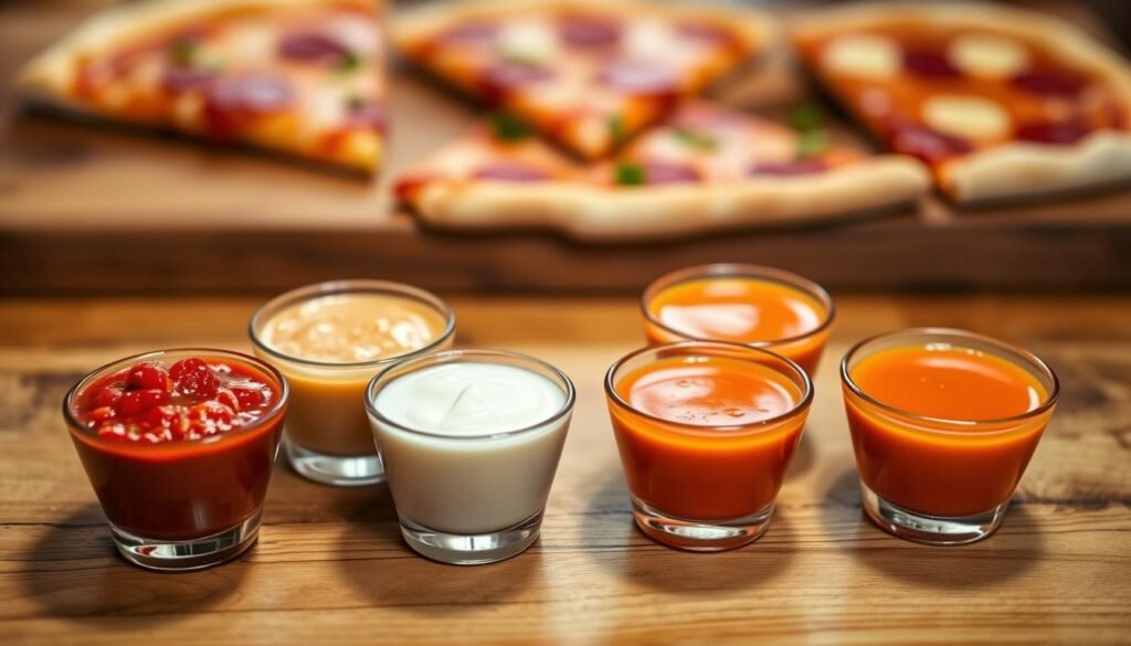 A vibrant and inviting composition showcasing a variety of dipping sauces in small, elegant cups. In the foreground, several sauces are displayed: a rich marinara, a creamy garlic dip, a zesty ranch, and a bright orange buffalo sauce, each with unique textures and colors. The middle ground features a rustic wooden table, slightly blurred to enhance the focus on the sauce cups. In the background, hints of pizza slices can be seen, creating a relatable context without overpowering the main subject. The lighting is warm and inviting, reminiscent of cozy dining settings, with soft shadows enhancing the textures of the sauces. The atmosphere evokes a sense of enjoyment and flavor exploration. The angle is slightly overhead to capture the arrangement of the sauces beautifully.