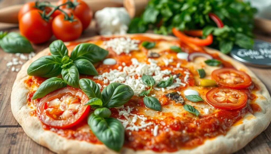 A vibrant and mouthwatering display of thin crust pizza ingredients arranged artistically on a rustic wooden table. In the foreground, showcase fresh basil leaves, sliced ripe tomatoes, and a sprinkle of mozzarella cheese, glistening in natural light. In the middle ground, include a golden-brown thin crust pizza base, partially topped with rich tomato sauce and various colorful vegetables like bell peppers and onions. In the background, hints of kitchen utensils, such as a rolling pin and a pizza cutter, evoke a warm, inviting cooking atmosphere. Soft, diffused lighting enhances the textures of the ingredients, creating a cozy and appetizing mood. Capture this scene from a slightly overhead angle, focusing on the vibrant colors and textures that highlight the essentials of a perfect thin crust pizza. A vibrant and mouthwatering display of thin crust pizza ingredients arranged artistically on a rustic wooden table. In the foreground, showcase fresh basil leaves, sliced ripe tomatoes, and a sprinkle of mozzarella cheese, glistening in natural light. In the middle ground, include a golden-brown thin crust pizza base, partially topped with rich tomato sauce and various colorful vegetables like bell peppers and onions. In the background, hints of kitchen utensils, such as a rolling pin and a pizza cutter, evoke a warm, inviting cooking atmosphere. Soft, diffused lighting enhances the textures of the ingredients, creating a cozy and appetizing mood. Capture this scene from a slightly overhead angle, focusing on the vibrant colors and textures that highlight the essentials of a perfect thin crust pizza.