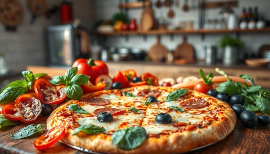 A vibrant composition of popular pizza toppings artfully arranged on a rustic wooden table. In the foreground, a variety of toppings including fresh basil, sliced pepperoni, colorful bell peppers, black olives, and gooey mozzarella cheese are elegantly displayed, each glistening under soft, even lighting. The middle layer shows a freshly baked pizza with a golden-brown crust, steam faintly rising, emphasizing its freshness. In the background, a blurred kitchen setting hints at a bustling pizza restaurant, with soft, warm light illuminating the space, creating an inviting atmosphere. The angle is slightly overhead, capturing the richness of the toppings while focusing on their textures. The mood is cheerful and appetizing, inviting viewers to think about their own pizza preferences. A vibrant composition of popular pizza toppings artfully arranged on a rustic wooden table. In the foreground, a variety of toppings including fresh basil, sliced pepperoni, colorful bell peppers, black olives, and gooey mozzarella cheese are elegantly displayed, each glistening under soft, even lighting. The middle layer shows a freshly baked pizza with a golden-brown crust, steam faintly rising, emphasizing its freshness. In the background, a blurred kitchen setting hints at a bustling pizza restaurant, with soft, warm light illuminating the space, creating an inviting atmosphere. The angle is slightly overhead, capturing the richness of the toppings while focusing on their textures. The mood is cheerful and appetizing, inviting viewers to think about their own pizza preferences.