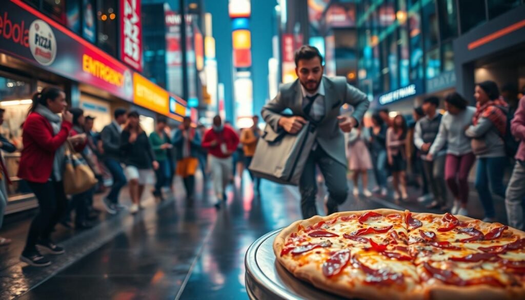 A vibrant, dynamic scene showcasing an emergency pizza delivery in a bustling city at night. In the foreground, a large, hot pizza with melting cheese and colorful toppings sits on an emergency response table, steam rising off it. The middle ground features a busy street illuminated by bright neon lights reflecting off the shiny wet pavement. A delivery person in professional attire is rushing toward the table, clutching an insulated pizza bag, with a look of urgency and excitement. In the background, blurred city buildings add depth, while a group of diverse people eagerly gathers around the table. The atmosphere is lively and energetic, conveying a sense of community and joy. The image is well-lit with a cinematic feel, shot from a low angle to emphasize the action.