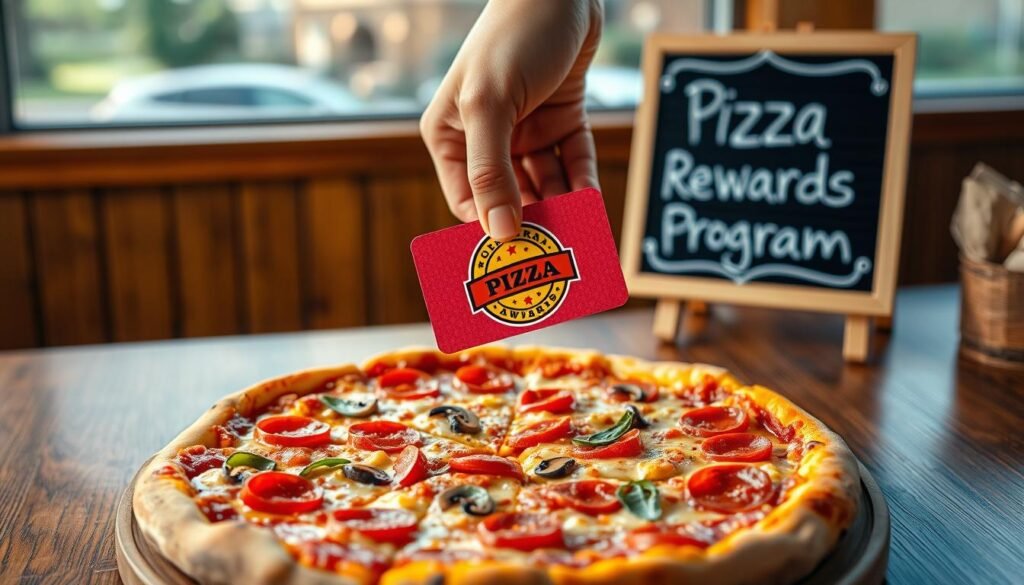A vibrant, enticing pizza sits front and center on a wooden dining table, showcasing a variety of toppings like pepperoni, bell peppers, and mushrooms, glistening with melted cheese. In the middle ground, a hand is reaching toward the pizza, holding a colorful rewards card with a pizza logo, symbolizing the rewards program. In the background, a cheerful atmosphere is created with soft, ambient lighting casting a warm glow, and a small chalkboard sign displaying a "Pizza Rewards Program" subtly hints at the theme. The image is captured from a slightly elevated angle to emphasize the deliciousness of the pizza and the excitement of rewards. The overall mood is encouraging and inviting, perfect for showcasing savings while enjoying a delightful meal.