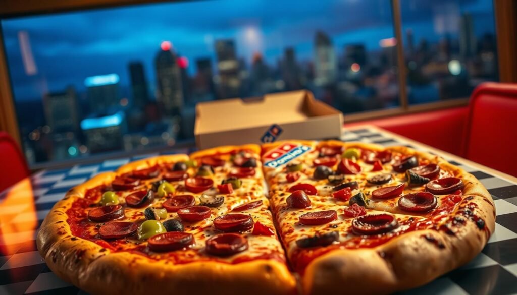 A vibrant scene depicting an imaginative "emergency pizza" delivery scenario. In the foreground, showcase a large, steaming pizza with a variety of toppings like pepperoni, bell peppers, and mushrooms, presented on a checkered diner table with a few slices missing, hinting at immediate consumption. In the middle, place a slightly open pizza box, with the iconic Domino's logo visible, suggesting an atmosphere of quick gratification. In the background, a blurred cityscape at dusk with twinkling lights conveys a sense of urgency and excitement. Use warm and inviting lighting to highlight the richness of the pizza and create a cozy yet dynamic atmosphere, suggesting a moment of surprise and delight. Capture the image with a slight angle, as if inviting viewers to partake in this savory experience.