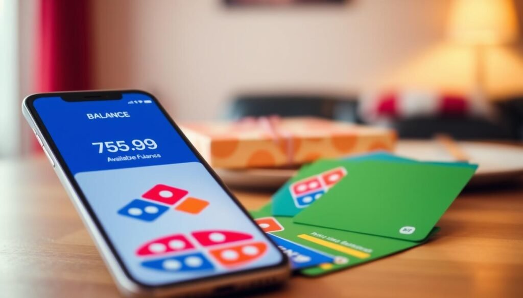 A visually appealing representation of a Domino's gift card balance, featuring a close-up of a digital balance display on a sleek smartphone screen, prominently showing the available funds. The foreground includes the smartphone, displaying an animated interface indicating the balance, with a few colorful Domino's gift cards fanned out beside it, showcasing their vibrant designs. In the middle ground, a neatly arranged table with a subtle pizza box in the corner sets the context, hinting at the use of the gift card. The background includes soft-focus warm lighting that creates a cozy and inviting atmosphere, suggesting a practical yet enjoyable engagement with managing available funds. Capture this scene from a slightly elevated angle to emphasize the smartphone and cards, enhancing the overall warmth and clarity of the image. A visually appealing representation of a Domino's gift card balance, featuring a close-up of a digital balance display on a sleek smartphone screen, prominently showing the available funds. The foreground includes the smartphone, displaying an animated interface indicating the balance, with a few colorful Domino's gift cards fanned out beside it, showcasing their vibrant designs. In the middle ground, a neatly arranged table with a subtle pizza box in the corner sets the context, hinting at the use of the gift card. The background includes soft-focus warm lighting that creates a cozy and inviting atmosphere, suggesting a practical yet enjoyable engagement with managing available funds. Capture this scene from a slightly elevated angle to emphasize the smartphone and cards, enhancing the overall warmth and clarity of the image.